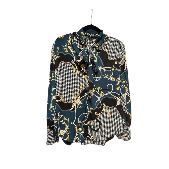 Ann Taylor Tops - Ann Taylor Blue and Black Blouse with Ornate Pattern M